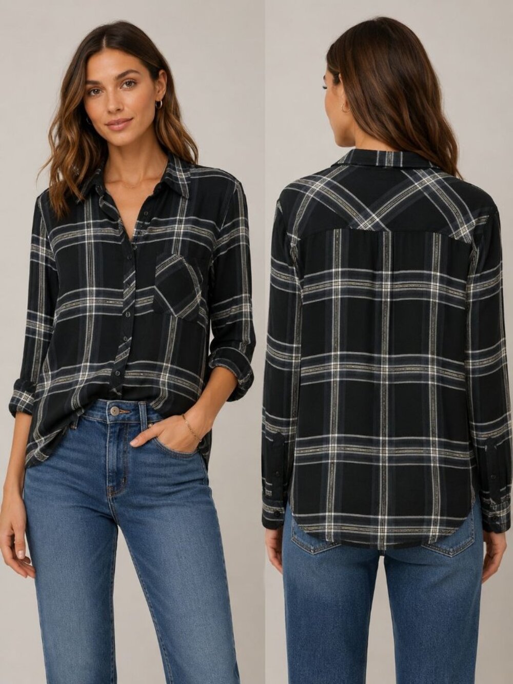 Rails Black Plaid Women Button-Down Shirt Lightweight Womens Black/White XLarge